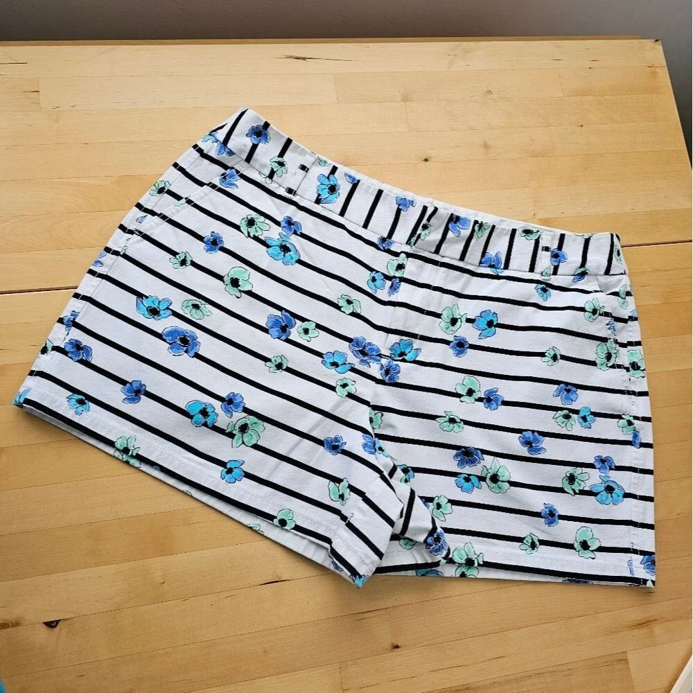 Elle Venice White Shorts Blue Flowers Striped floral preppy chino shorts Size 16 - Picture 2 of 13